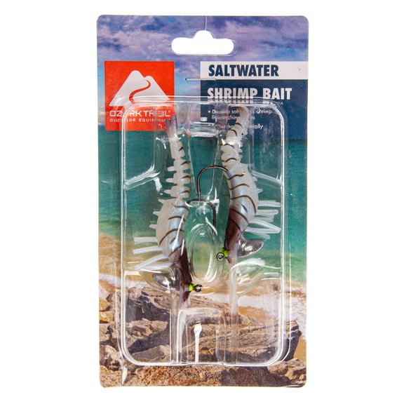 Ozark Trails Soft Plastic Saltwater Shrimp Bait Fishing Lures, 2-Pack in Fish Attracting Colors. Natural Color