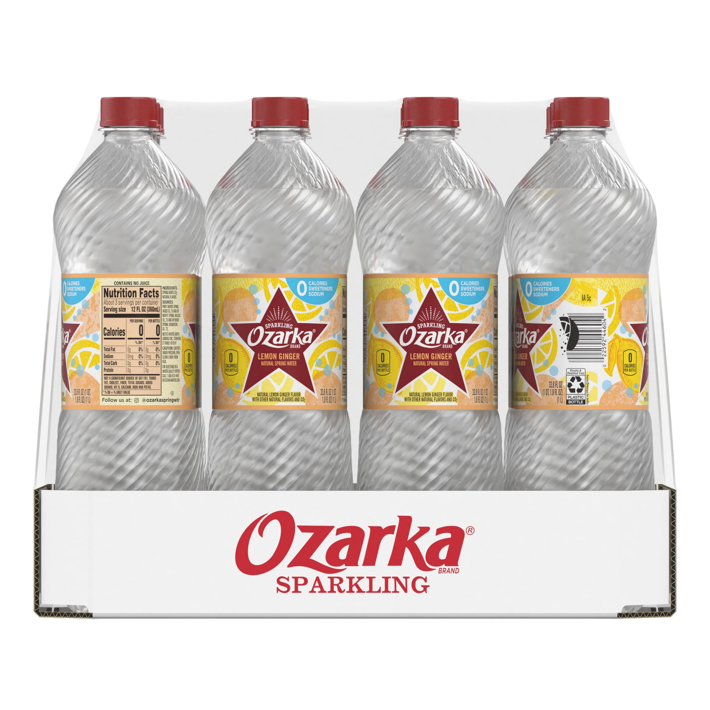 Ozarka Sparkling Water, Lemon Ginger, 33.8 oz. Plastic Bottles (12