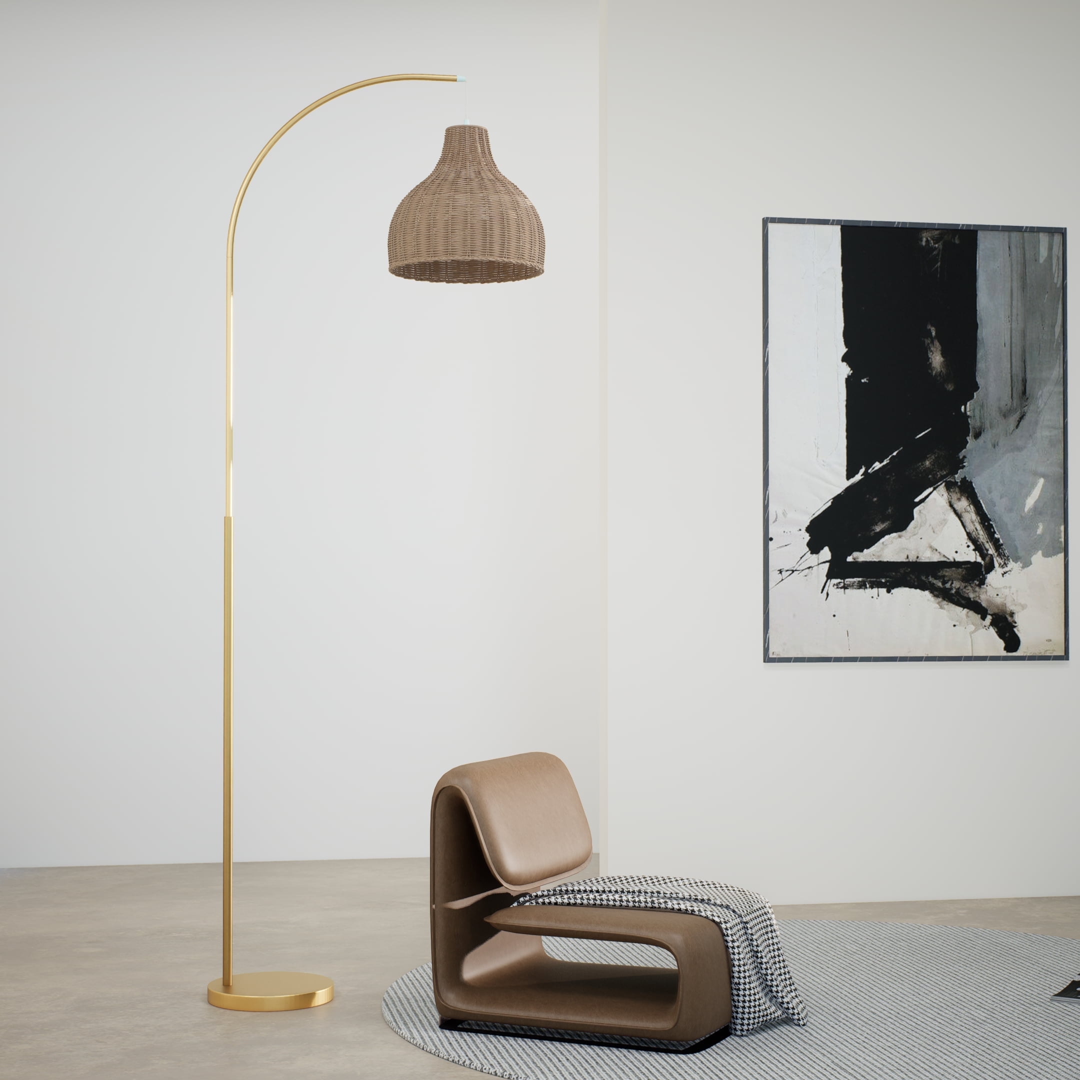 Ozarke Arc Floor Lamp - Brass Rattan Metal Standing Adjustable Tall Lamp for Living Room, Bedroom Modern Design