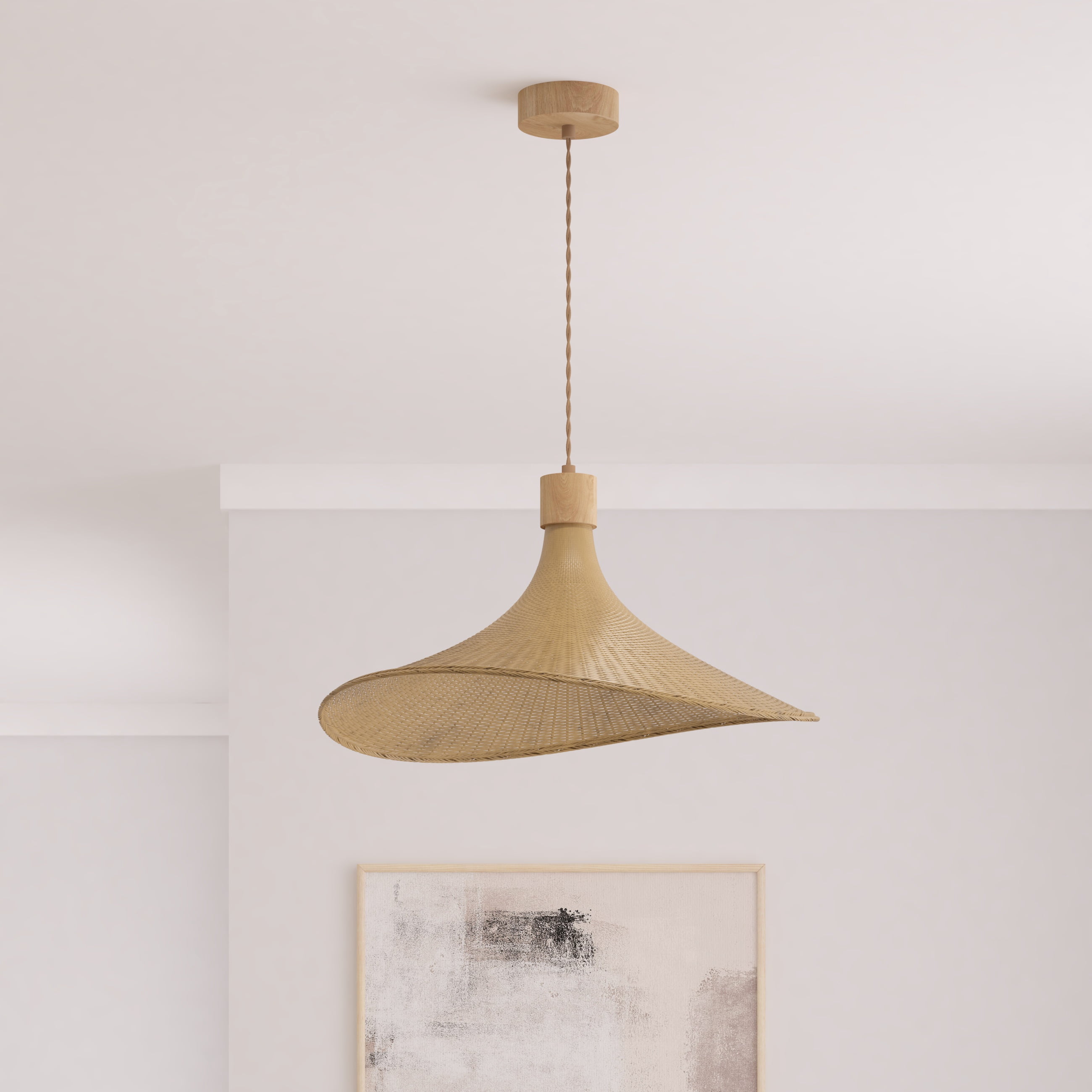 Ozarke Avery Rattan Pendant Light - 1-Light Adjustable Light Fixture Ceiling Mount Kitchen Island, Bamboo Woven Wicker Ceiling Hanging