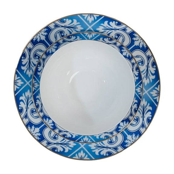 Ozarke Blue And White With Gold Rim Plates Set, Fine Bone China (Set of 12)