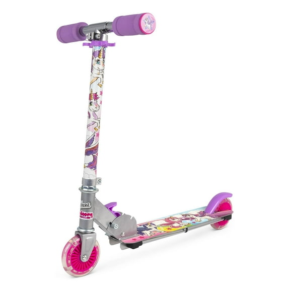 Ozbozz: Flashing Scooter - Unicorn - Light-Up Wheels, Adjustable Height, 2 Wheel Outdoor Ride-On, Foam Handles, Foldable, 100lb Limit, Kids 5+