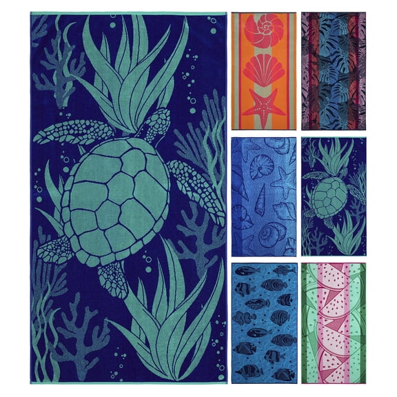 Ozdilek 34x64 Beach Towel - 100% Turkish Cotton, Luxury Soft Velour, Quick Dry, Absorbent, Fade-Resistant, Oversized Pool & Spa Towel, Sea Turtle Design, Eco-Friendly (Sea Turtle Haven)