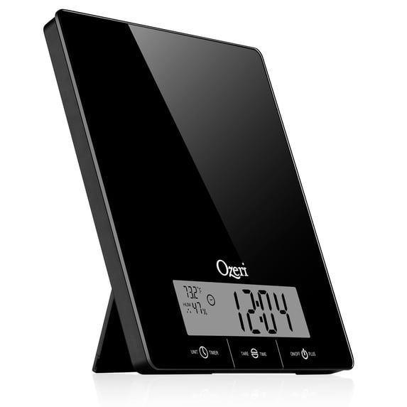 Ozeri Touch III 22 lbs (10 kg) Kitchen Scale in Tempered Glass, with Clock, Temperature & Humidity Gauge