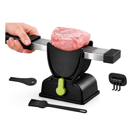 OziBoy Fresh Meat Slicer with Adjustable Thickness -2mm & 4mm Manual Meat Cutter Kitchen Tool for Meal Prep-17 Blades for even slicing & dicing - Includes Cleaver set stainless steel-Black