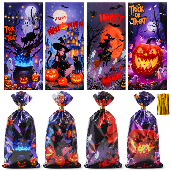 Oziral Halloween Cellophane Treat Bags Bulk - 200 Pcs Halloween Candy Bags with Twist Ties, Cellophane Goodie Bags for Trick or Treat, Party Favors, Snacks, Cookies, 4 Designs (10.8 x 4.9 Inches)