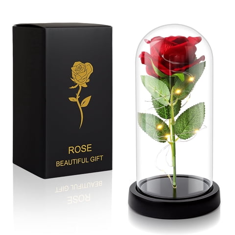 Oziral Forever Rose with LED Lights Artificial Flower Eternal Red Rose in Glass Dome Christmas Birthday Mother's Day Valentine's Day Flower Gifts
