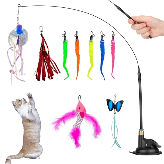 Oziral 10PCS Cat Feather Toys, Detachable 1PC Cat Wand & 9PCS Replacement Teaser Refills with Bell, Interactive Cat Toy for Indoor, with Suction Cup