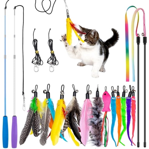 Oziral Cat Feather Toys 18 Pack Interactive Cat Toys Include 2PCS Retractable Cat Wand Toys Cat Rainbow Wand and 10PCS Assorted Cat Teaser Refills with Bell for Indoor Cats Kitten
