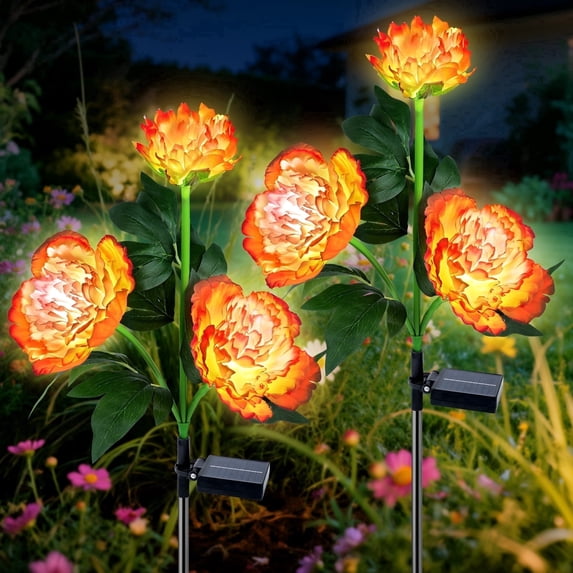 Oziral Solar Garden Lights Outdoor, 2 pack Waterproof LED Peony Solar Flowers Lights, Decorative Solar-Powered Stakes, Lawn Yard Patio Decor, 8 Modes
