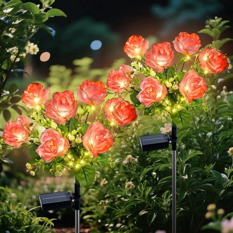 Oziral Solar Garden Lights 2 pack, Waterproof LED Rose Flower Decorative Solar Stake Lights, Outdoor Yard Garden Patio Pathway Walkway Decor, 8 Modes