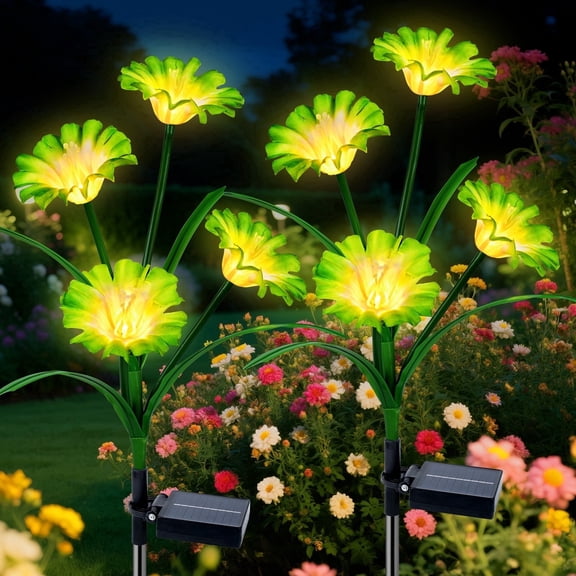 Oziral Solar Flowers Garden Lights Outdoor, 2 Pack Waterproof LED Solar Stakes, Patio Lawn Grave Backyard Pathway Yard Decor, 8 Modes, Green