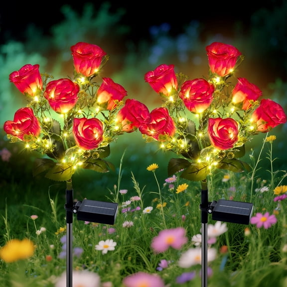 Oziral Solar Garden Lights Outdoor, 2 pack LED Red Rose Flower Decorative Stake Lights Waterproof, Yard Lawn Patio Pathway Walkway Decor, 8 Modes