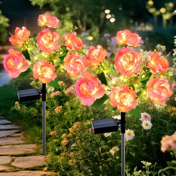 Oziral Solar Lights Outdoor, Waterproof 2 Pack LED Solar Flowers Garden Stake Light, Yard Garden Patio Pathway Walkway Decor, 8 Lighting Modes