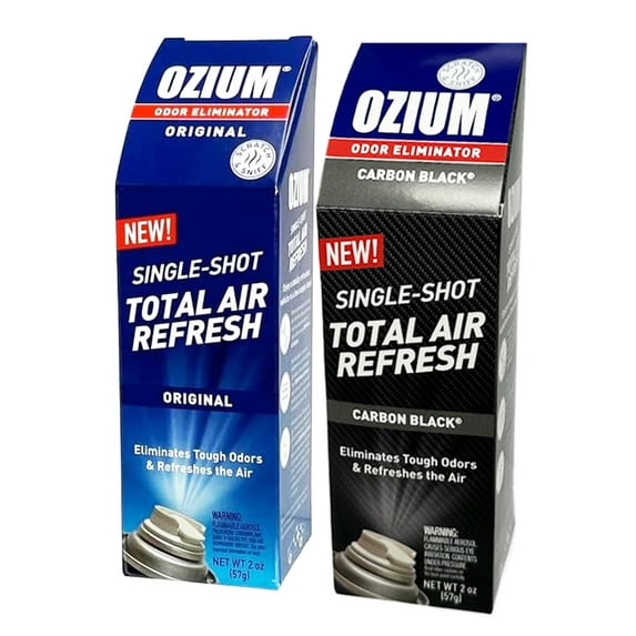 Ozium Air Sanitizer, 2 oz Car Fogger: Single-Shot Smoke Odor Eliminator & Car Air Freshener, Original + Carbon Black Combo Kit