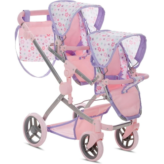 Dolls To Play Baby Doll Double Stroller Twin Pram Buggy with Adjustable Handle, Rotating Wheels, Storage Basket & Diaper Bag – Purple