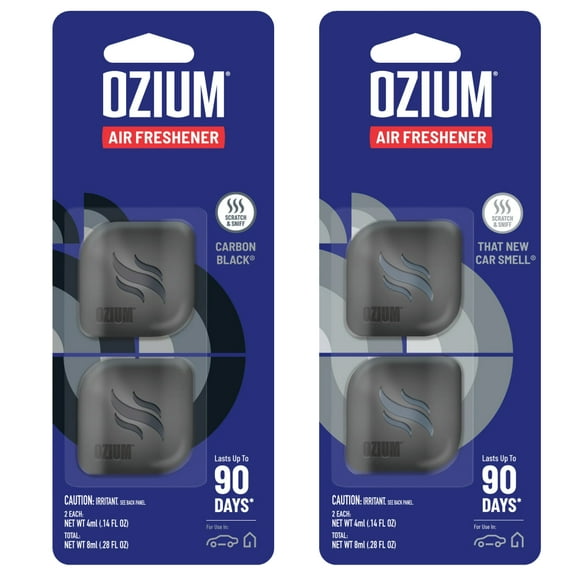 Ozium Membrane Car Vent Clip AC Air Fresheners Car Air Freshener and Car Odor Eliminator, 2 Pack That New Car Smell + 2 Pack Carbon Black, Combo Kit