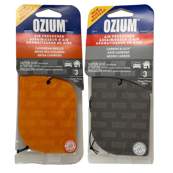 Ozium Paper Hanging Car Air Freshener with Odor Eliminator for Car - Refresh Your Ride with Automotive Air Fresheners, 3 Pack. Caribbean Breeze + Carbon Black, Combo Kit