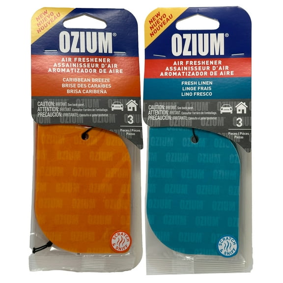 Ozium Paper Hanging Car Air Freshener with Odor Eliminator for Car - Refresh Your Ride with Automotive Air Fresheners, 3 Pack, Caribbean Breeze + Fresh Linen, Combo Kit