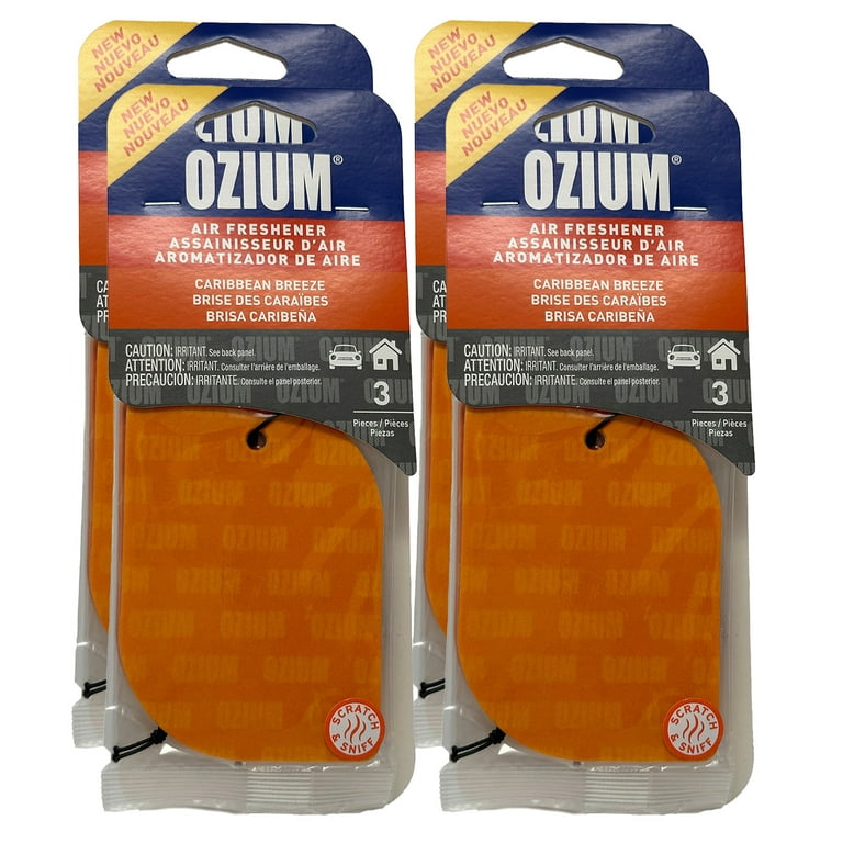 Ozium Paper Hanging Car Air Freshener with Odor Eliminator for Car -  Refresh Your Ride with Automotive Air Fresheners, Caribbean Breeze, 4 Packs