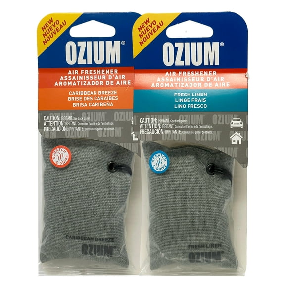 Ozium Scented Sachet Car Air Fresheners and Odor Eliminator for Car, Home Closets, Shoes, and Suitcases, Caribbean Breeze + Fresh Linen, Combo Kit