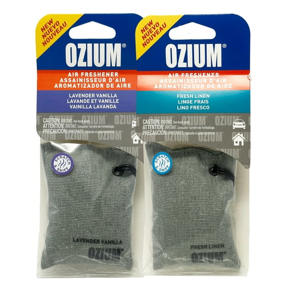 Ozium Scented Sachet Car Air Fresheners and Odor Eliminator for Car, Home Closets, Shoes, and Suitcases, Lavender Vanilla + Fresh Linen, Combo Kit