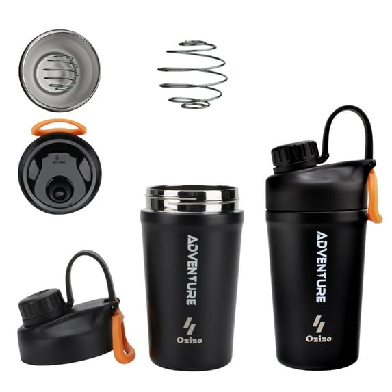 Ozizo 20oz Steel Shaker Bottle, Insulated Stainless Steel Bottle with Spring - Black
