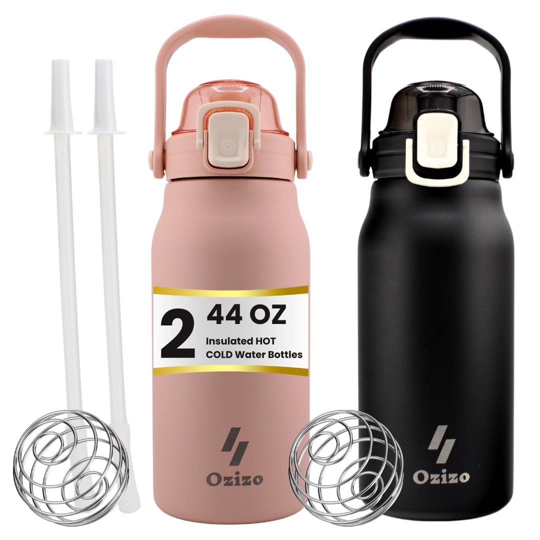 2 Ozizo 44 oz Insulated Stainless Steel Water Bottle with Lid, Straw, Mixing Ball and Handle (Black and Pink)