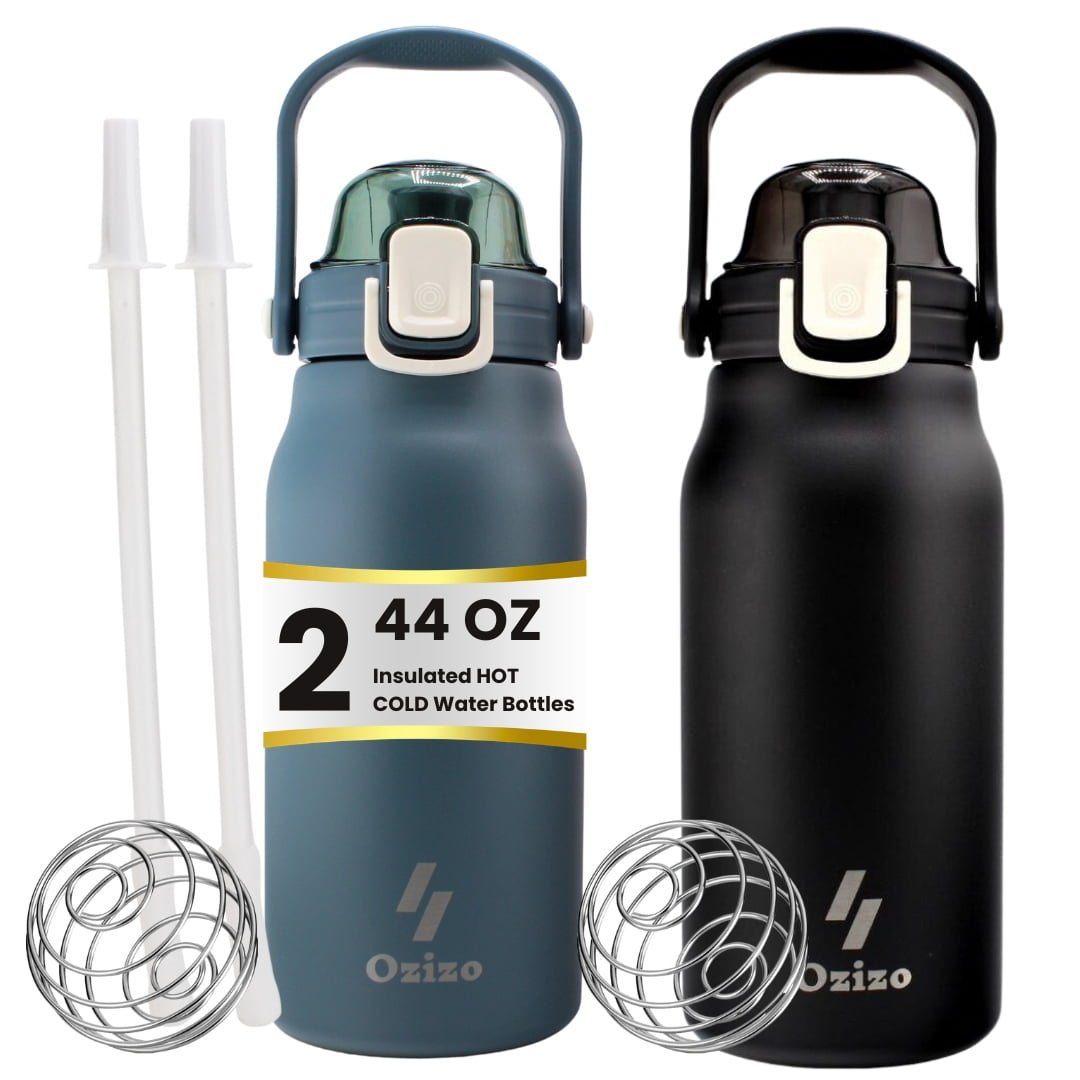 Ozizo 44oz Insulated Reusable Bottle with Straw, One-Click Flip Lid, and Handle, 2 Bottles