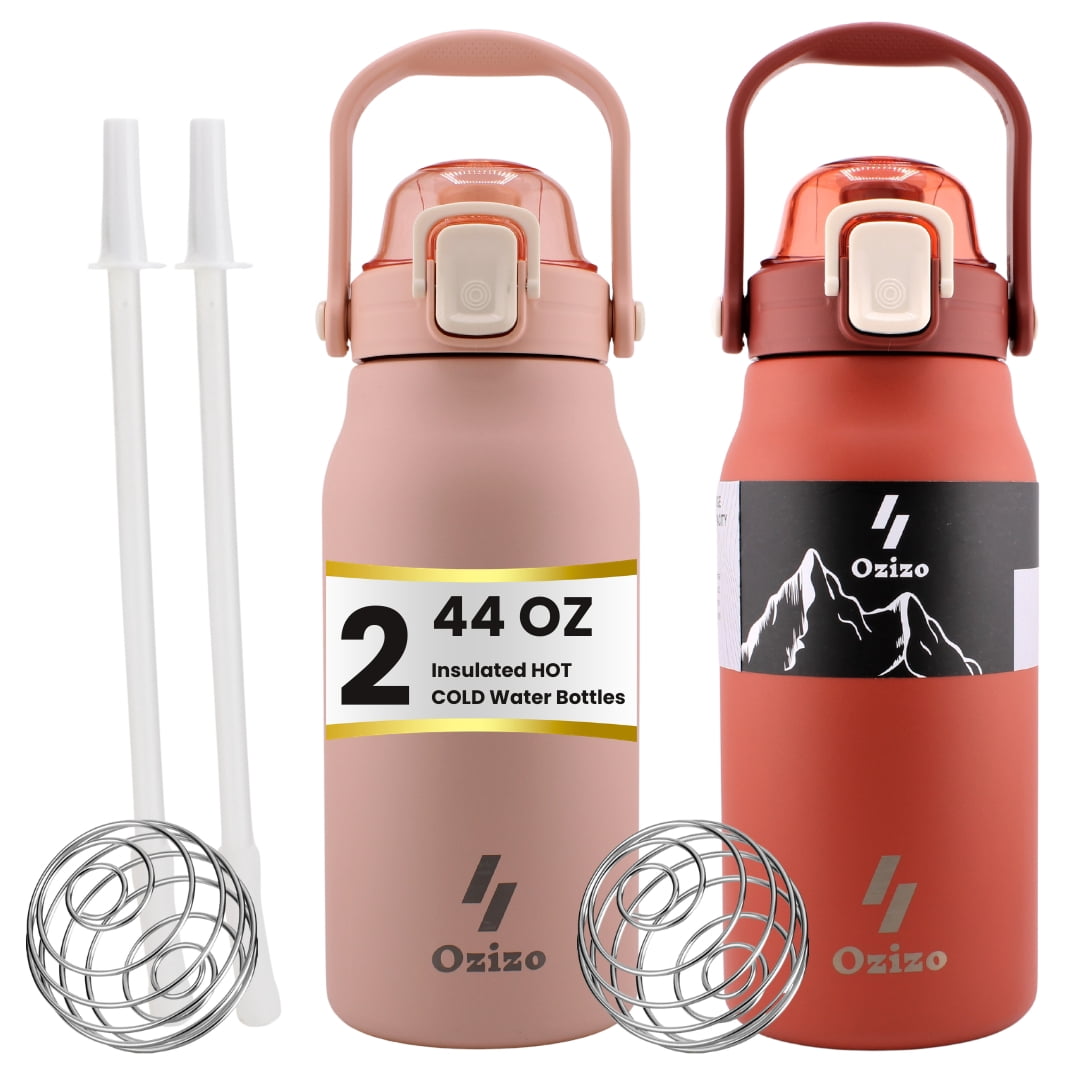 2 Ozizo 44oz Insulated Reusable Thermos Bottle with Straw, Mixing Ball, Push-Button Lid, and Handle
