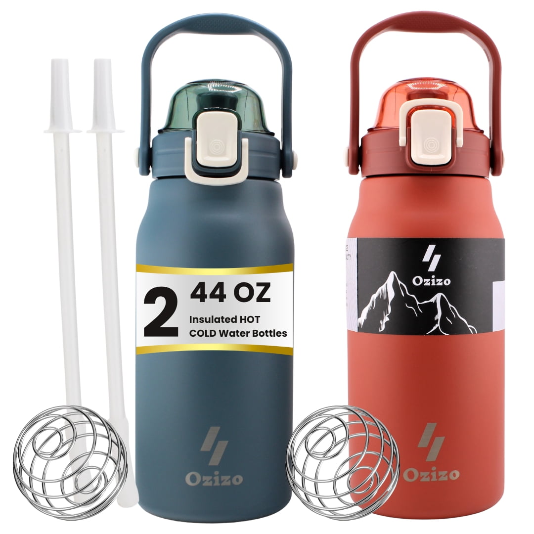 2 Ozizo 44oz Insulated Reusable Thermose Bottle with Straw, Push-Button Lid, Mixing Ball and Handle