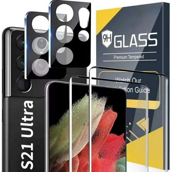 Ozmatip [2+2 Pack] Screen Camera Protector Compatible with Samsung Galaxy S21 Ultra, 9H Tempered Glass Scratch Resistant, Ultrasonic Fingerprint Support, 3D HD Curved, 6.8 Inch Glass Screen Protector