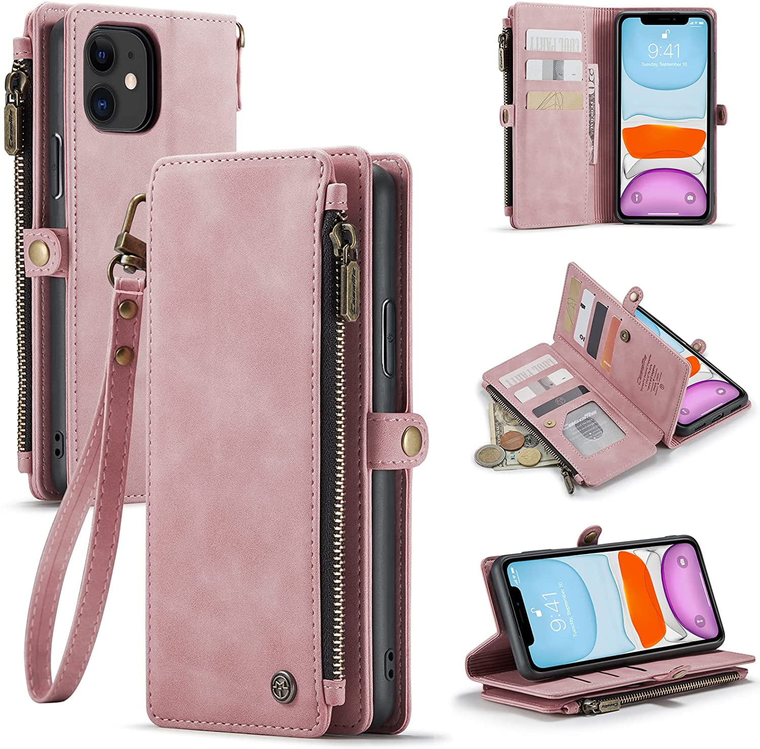Ozmatip Magnetic Leather Flip Cell Phone Case with Lanyard Strip for Apple iPhone 11, Rose Pink