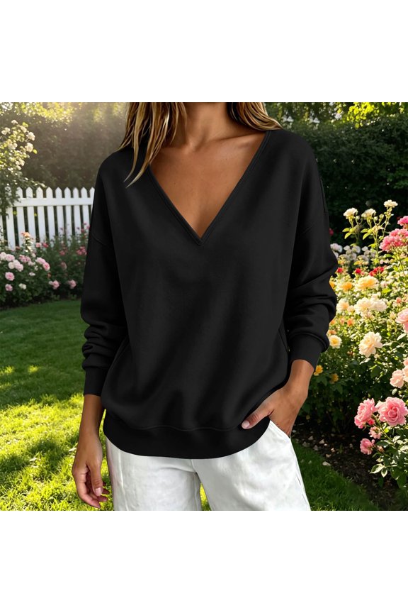 2026 Womens Deep V-Neck Drop Shoulder Sweatshirt Oversized Long Sleeve Pullover Top with Ribbed Trim Casual Fall