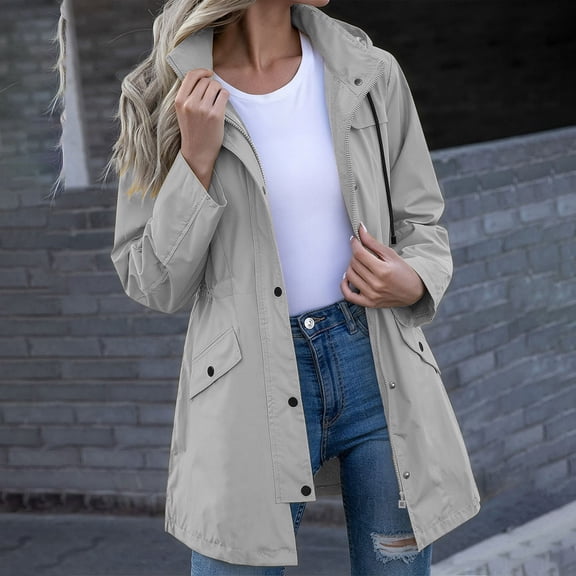 Ozmmyan 2026 Womens Mid-Length Waterproof Hooded Windbreaker Long Sleeve Rain Jacket with Drawstring