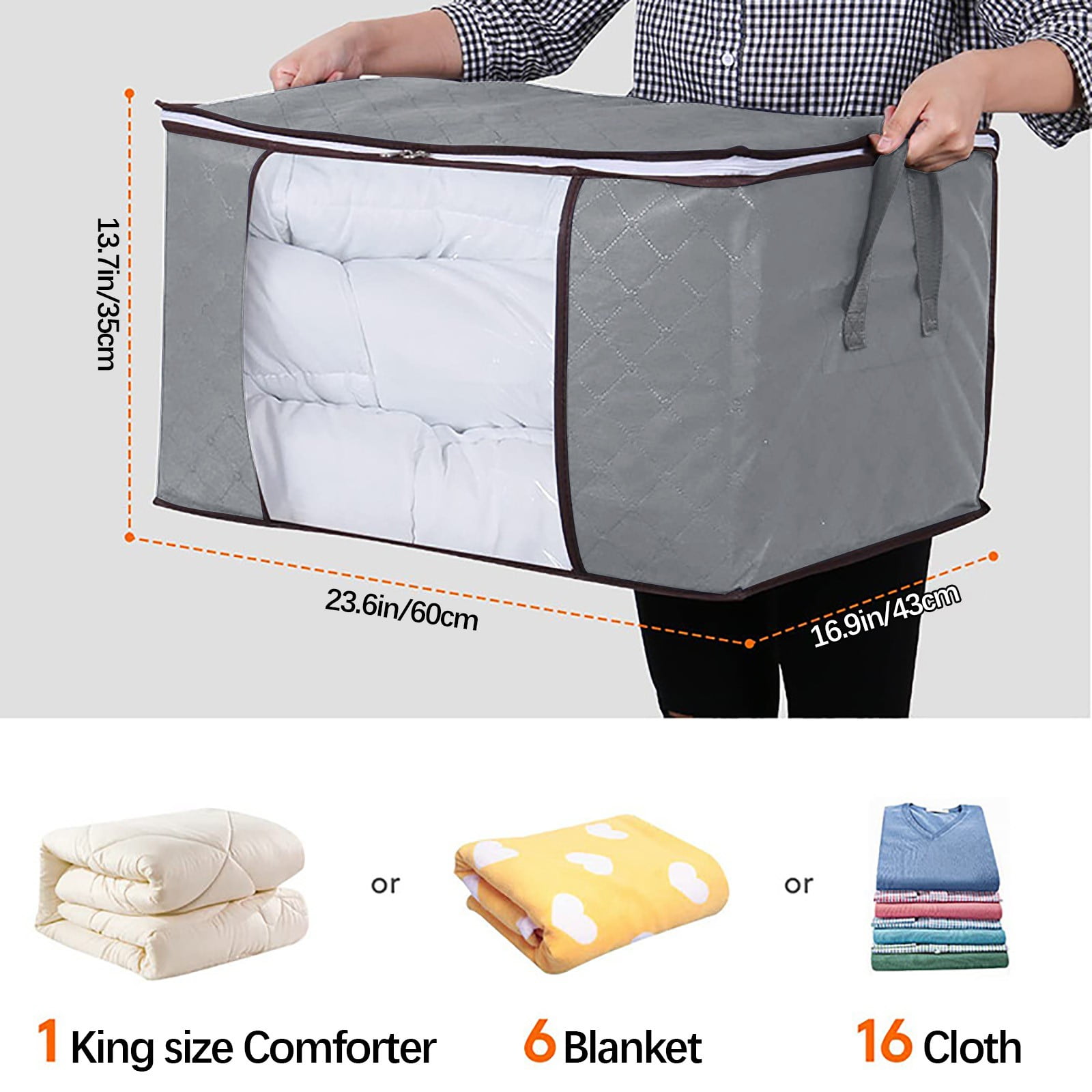 Ozmmyan Storage Bags, 90L Large Blanket Clothes Storage, Foldable Closet Organizers, Clothes Storage Bag with Handle for Clothing, Blanket, Comforters, Bed Sheets, Pillows and Toys, Gray