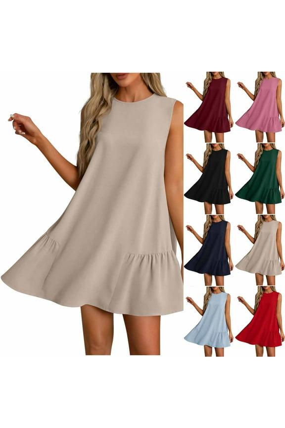 Womens Summer Dresses Crew Neck Sleeveless Sundresses Casual Loose Fit A-Line Mini Dress Beach Vacation Clothes, S-2X