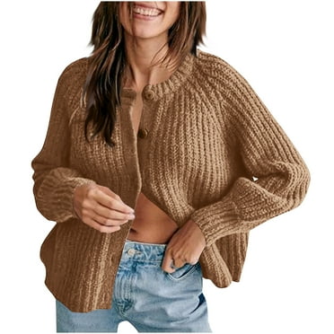 Ozmmyan Cardigan Sweaters Women's Chunky Knit Open Front Sweater Long Sleeve Button Loose Short Cardigan Outerwear Coats Womens Cropped Shacket