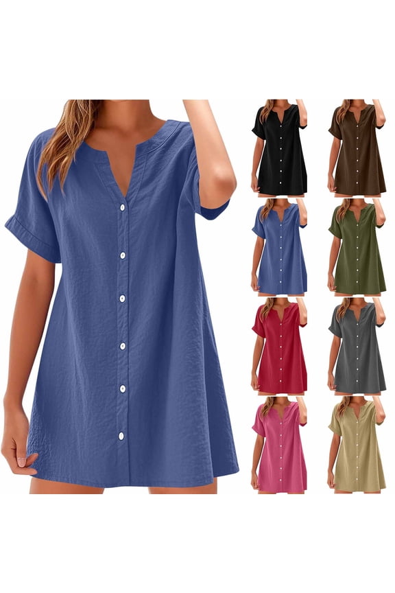 Women's Utility Shirt Dress Casual Cotton Linen V Neck Button Down Dress Loose Short Sleeve Mini Dresses, S-2X