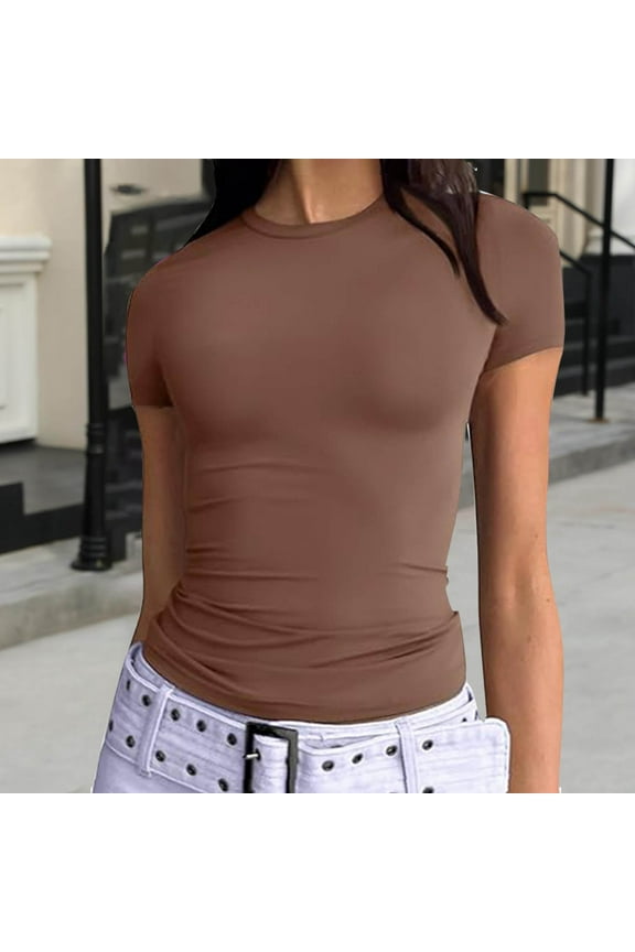 Fitted Crew Neck Short Sleeve Shirts for Women Stretch Casual Basic Tops Round Neck Tees Shirts Cute Gym Workout Clothes Summer Tops 2025, XS-XL