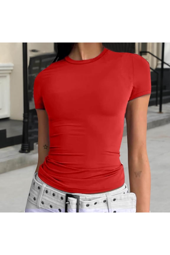 Fitted Crew Neck Short Sleeve Shirts for Women Stretch Casual Basic Tops Round Neck Tees Shirts Cute Gym Workout Clothes Summer Tops 2025, XS-XL