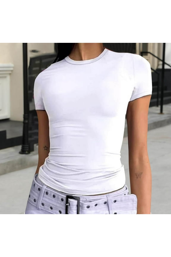 Fitted Crew Neck Short Sleeve Shirts for Women Stretch Casual Basic Tops Round Neck Tees Shirts Cute Gym Workout Clothes Summer Tops 2025, XS-XL