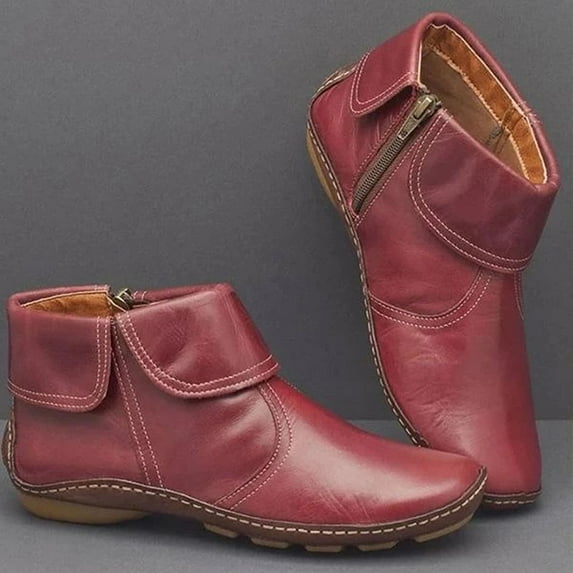 Ozmmyan Flanged Flat Bottom Side Zipper Low-barrel Leather Zipper Short Women Boots for Women