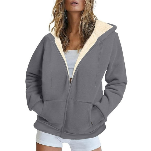 Ozmmyan Fleece Hoodies for Women Plus Size Full Zip Hoodie Women's Oversized Sweatshirts Hoodies Long Sleeve Shirts Zipper Solid Color Casual Sweatshirt Winter Coats for Women, S-5XL