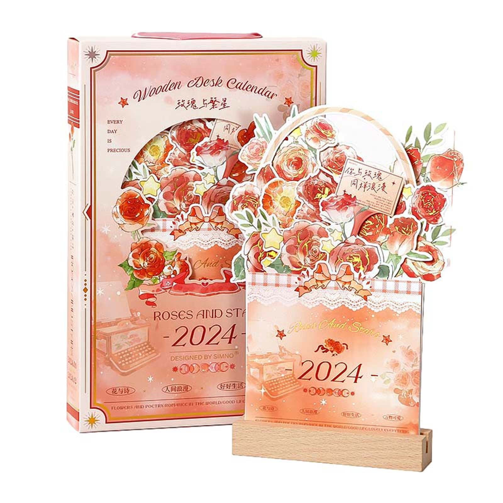 Ozmmyan Flower Calendar 2024 Wooden Insert Card Desktop Decoration Cute