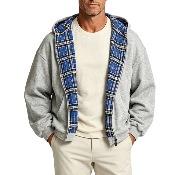 Ozmmyan Mens Hooded Jacket Plaid Lined Zip Up Sweatshirt Long Sleeve Casual Coat Winter Fall Outerwear with Pockets