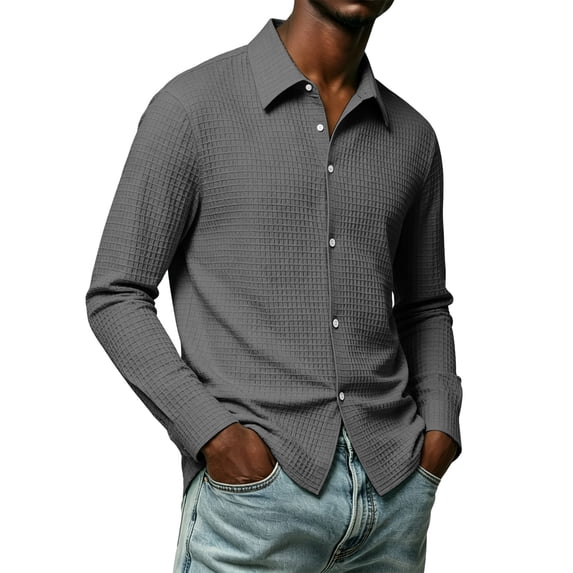 Ozmmyan Mens Waffle Knit Button Down Shirt Long Sleeve Collared Casual Dress Shirt Lightweight Textured Fall Winter Everyday Top