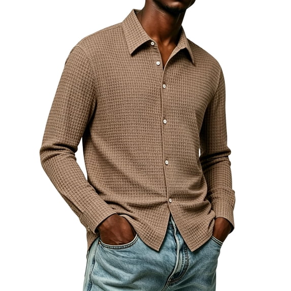Ozmmyan Mens Waffle Knit Button Down Shirt Long Sleeve Collared Casual Dress Shirt Lightweight Textured Fall Winter Everyday Top