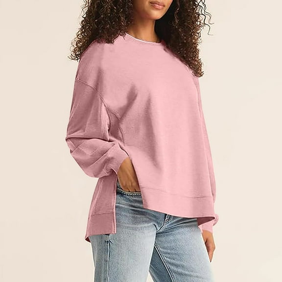 Ozmmyan Oversized Womens Tops Side Slit High-low Hem Sweatshirt for Women 2024 Fashion Trendy Women's Round Neck Pullover Asymmetrical Loose Casual Solid Color Long Sleeved Sweater Top