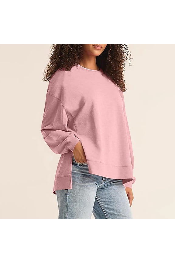 Oversized Womens Tops Side Slit High-low Hem Sweatshirt for Women 2024 Fashion Trendy Women's Round Neck Pullover Asymmetrical Loose Casual Solid Color Long Sleeved Sweater Top